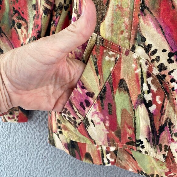 Chicos Jacket Womens 1 US Medium Green Red Multi Animal Print Shimmer Button Up - Picture 5 of 9